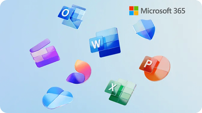 Floating Microsoft 365 app icons for Word, Excel, PowerPoint, Outlook and more on a blue background.