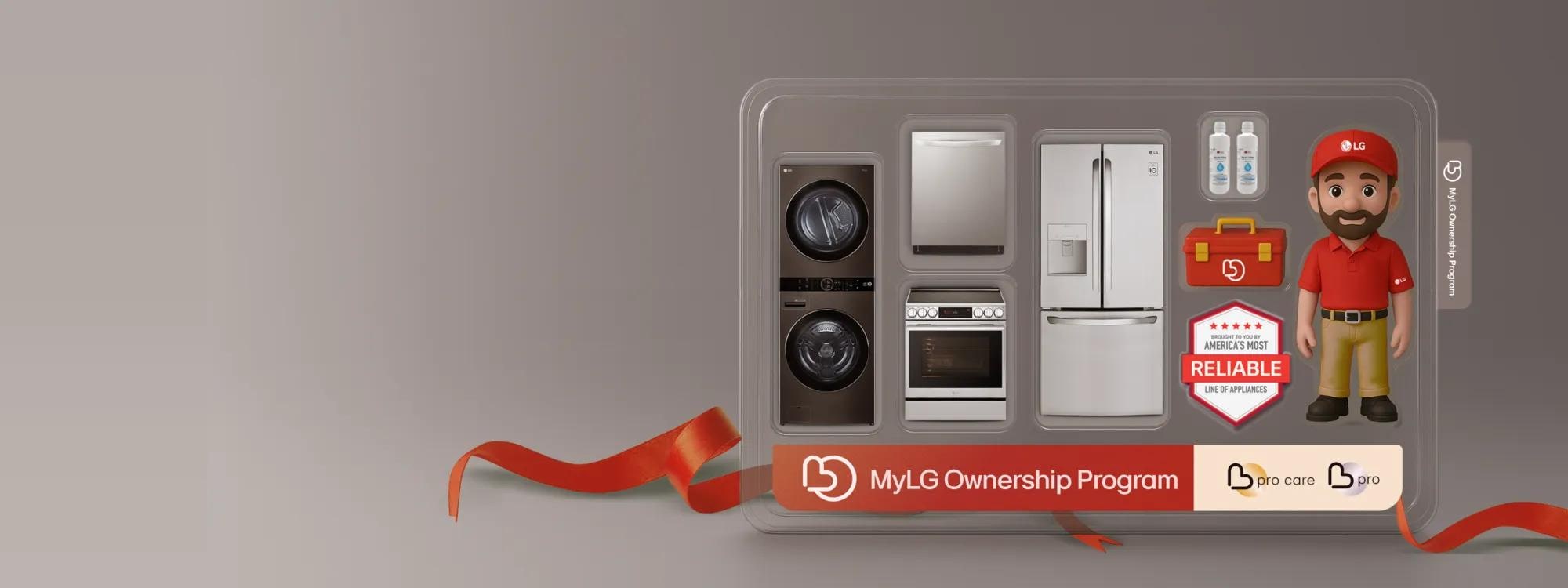 Toy set graphic with miniature repairman, appliances and accessories. Label reads “MyLG Ownership Program: pro and pro care.