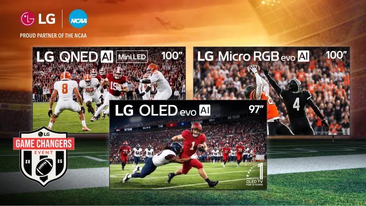 LG and NCAA Proud Partner of the NCAA. Three LG TVs displaying college football action: LG QNED AI Mini LED 100-Inch, LG Micro RGB evo AI 100-Inch, and LG OLED evo AI 97-Inch, with LG Game Changers Event 2026 badge and No. 1 OLED TV for 13 Years badge.