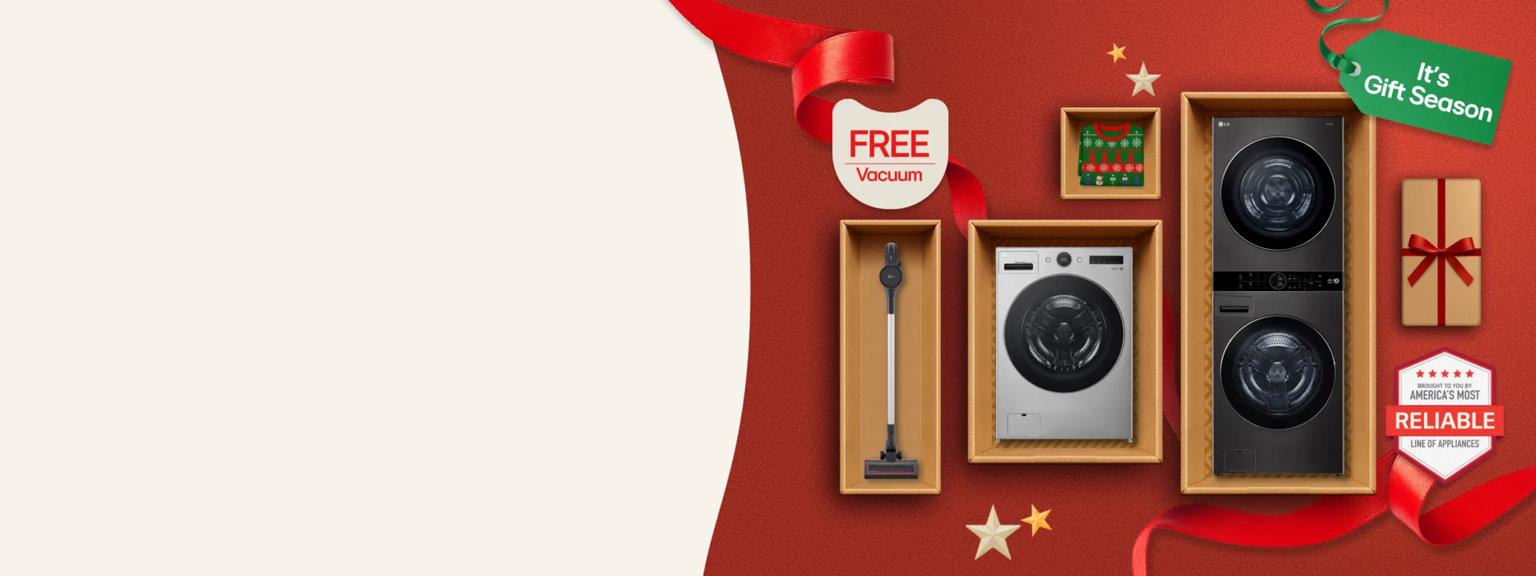 “It’s Gift Season” tag. An LG WashCombo, WashTower and CordZero vacuum appear in a gift box collage layout. “Free vacuum” pop-out text. “America’s Most Reliable Line of Home Appliances” badge.