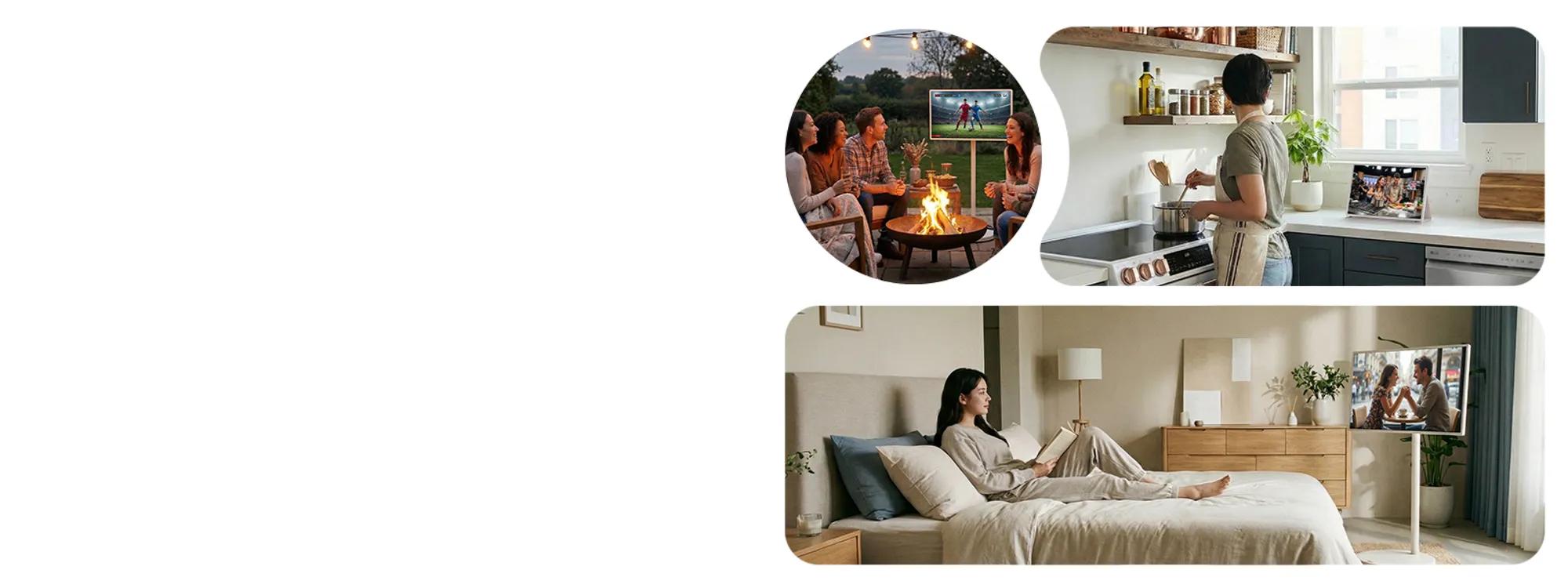 LG TV lifestyle scenes showing friends gathered around a fire pit watching an outdoor TV, a person cooking in a kitchen with a TV on the counter, and a woman relaxing on a bed reading while a TV on a stand plays nearby.