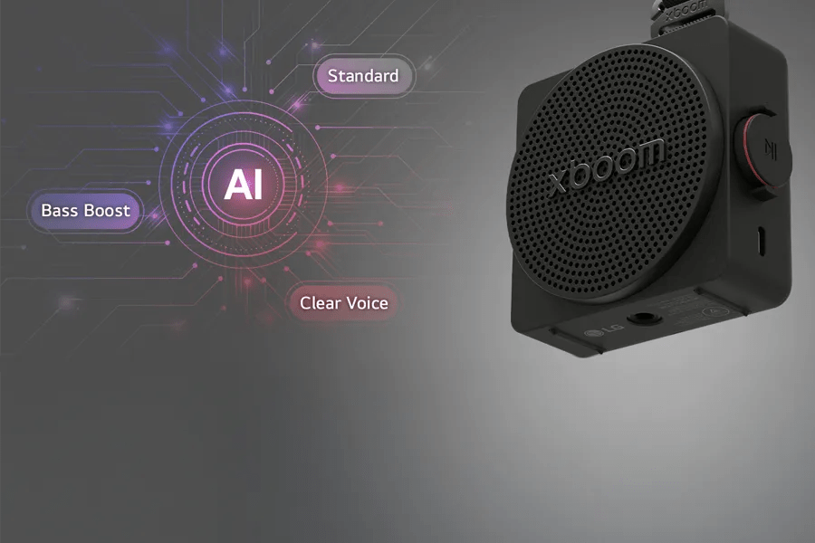 LG MINI_ANOALBK portable speaker with AI sound features including Standard, Bass Boost, and Clear Voice modes