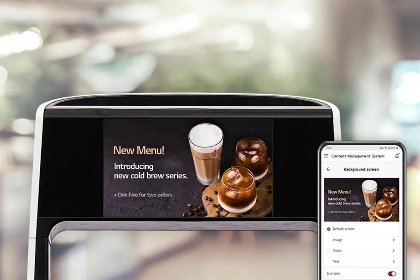 CLOi with a coffee advertisement displayed, with the same ad graphic and content management details on a smartphone beside her.