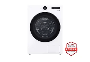 A front-facing image of the LG DLHC5502W front load dryer next to a red 'America's most reliable line of home appliances' badge.