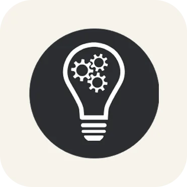 A lightbulb icon with gears inside.