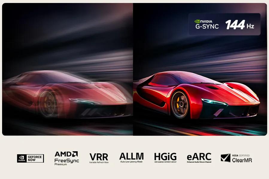 Split screen showing smooth red sports car