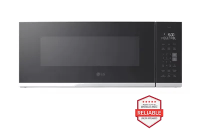 A front-facing image of the LG MVEF1323F over-the-range microwave next to a red 'America's most reliable line of home appliances' badge.