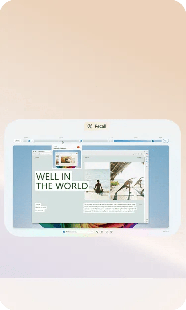 A digital screenshot showcasing Microsoft's Recall feature on a Windows interface, displaying a timeline and a restored window of a wellness-themed website with text and images.