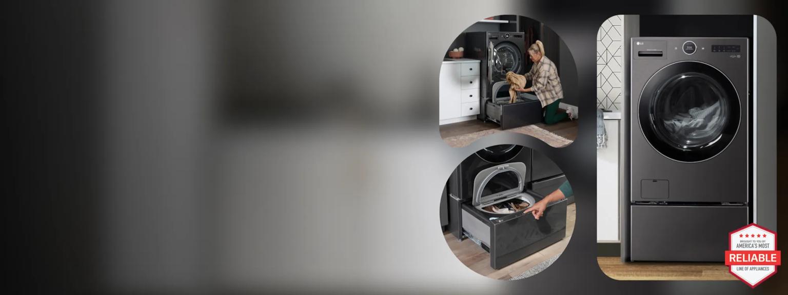 A woman unloads laundry from her pedestal washer, situated directly below an LG WashCombo. Various close-ups of the SideKick Pedestal Washer and WashCombo. “America’s Most Reliable Line of Home Appliances” badge.