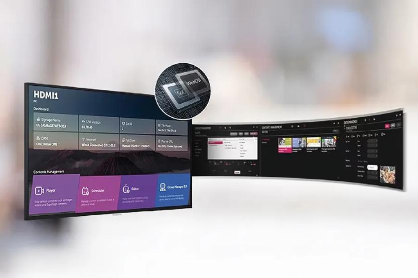 Large screen display with a dashboard and content management interface, featuring a microchip labeled "LG WebOS."