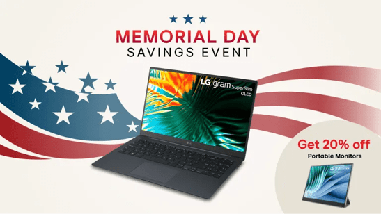 “Memorial Day Savings Event” title badge. An LG gram SuperSlim Laptop appears before a stars and stripes background graphic. Below, a pop-out image of an LG gram +view Portable Monitor appears, along with text reading “Get 20% off Portable Monitors”.