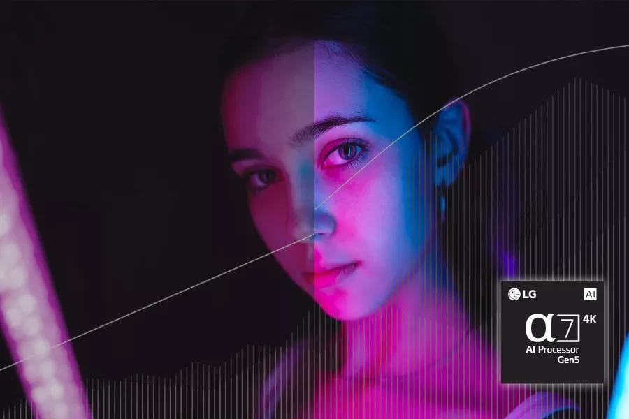 A side-by-side comparison of a girl illuminated by blue and pink lights. Text: Conventional. Dynamic Tone Mapping. Alpha7 4K Gen5 AI Processor chip.