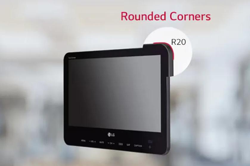 LG hospitality TV with rounded corners, highlighted with a curve radius of R20.
