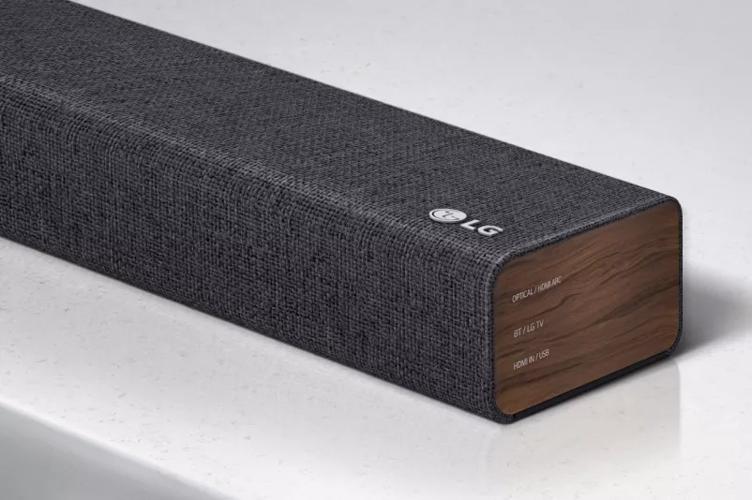 Close-up of LG Soundbar right side with LG logo shown on the bottom right corner of a product