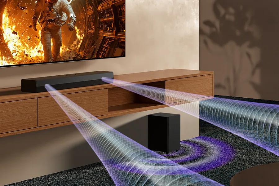 Image of the S35A Soundbar and subwoofer with waves showing blasting out.
