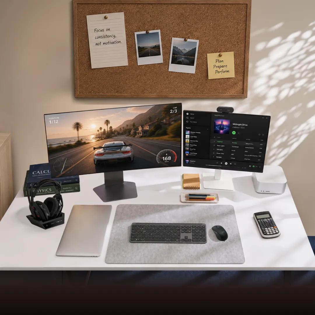 Two LG monitors on a desk displaying a racing game and music app, with keyboard, mouse, headphones, laptop, and books, cork board above with notes reading Focus on consistency, not motivation and Plan Prepare Perform