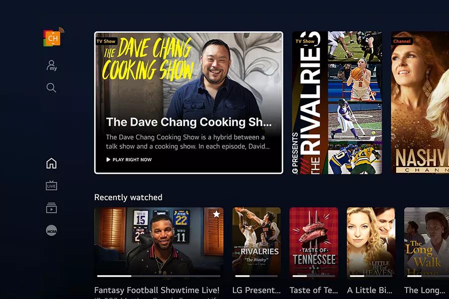 The LG Channels interface, featuring a variety of content to watch.