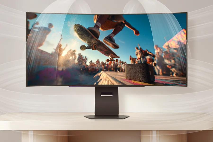 LG 45GX90SB-B UltraGear OLED Gaming Monitor with AI-enhanced features displaying vibrant skateboarding scene