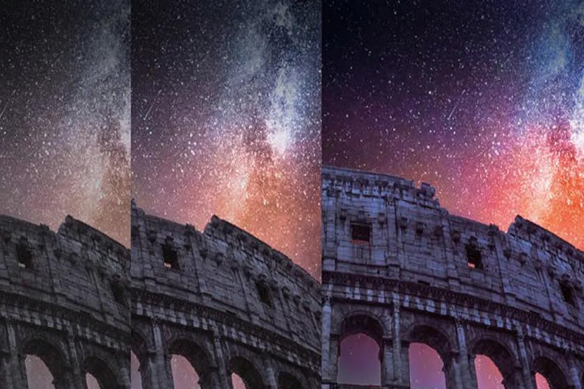 Night sky over the Colosseum with visible Milky Way.