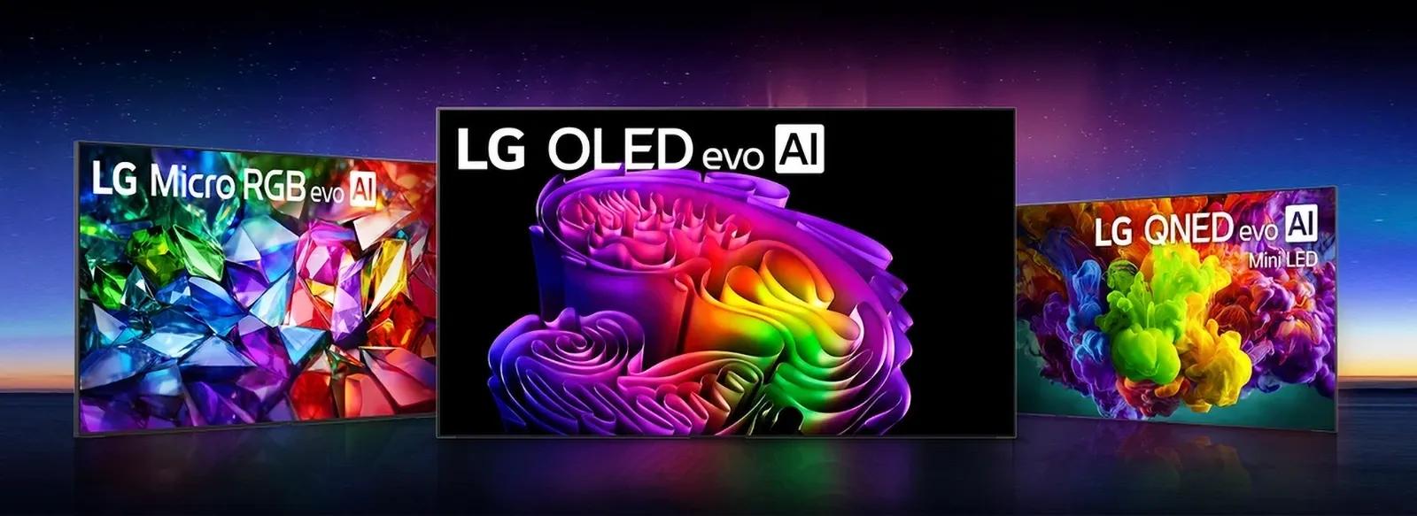 LG TV lineup shows differences in picture quality between LG OLED evo AI, LG Micro RGB evo AI, LG Mini RGB evo AI, and LG QNED evo AI Mini LED, each displaying bright and richly detailed abstract visuals against a dark background.