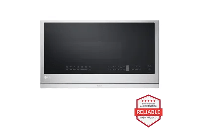 A front-facing image of the LG MVEL2137F over-the-range microwave next to a red 'America's most reliable line of home appliances' badge.