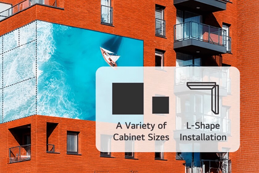 Red brick building with ocean mural and overlay of cabinet size and installation icons.

Transcribed Text:

A Variety of Cabinet Sizes
L-Shape Installation