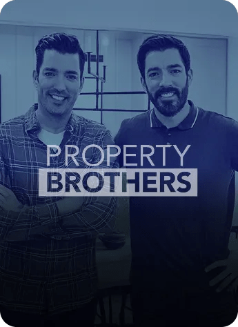 A blue-tinted image of Drew and Jonathan Scott smiling with the 'Property Brothers' logo overlaid in the center.