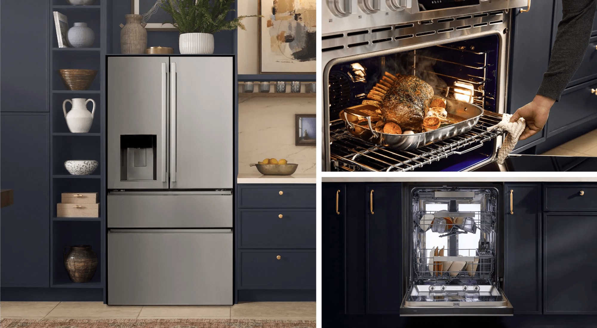 Collage of LG Signature kitchen appliances in a dark navy and gold kitchen. The left half features a stainless steel French door refrigerator with a water dispenser. The top right shows a roast being pulled from a lit oven, and the bottom right shows an open dishwasher with loaded racks.