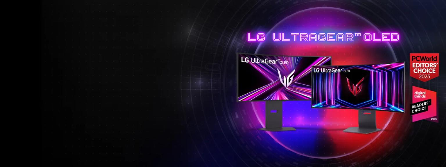 “LG UltraGear OLED” title badge. An UltraGear OLED Monitor appears on a purple background. “PCWorld Editors’ Choice 2025” badge. “Digital Trends Readers’ Choice 2025” badge. 