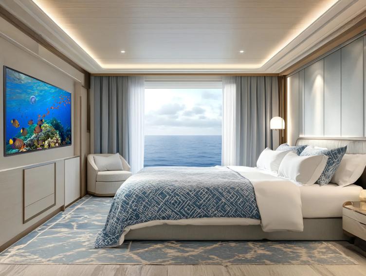 Cruise ship cabin with LG Cruise TV on the wall