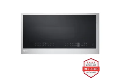 A front-facing image of the LG MHEC1737F over-the-range microwave next to a red 'America's most reliable line of home appliances' badge.