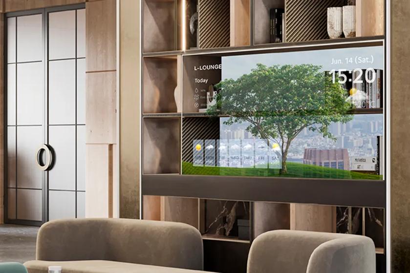 Modern living room with a transparent display showing a tree and city skyline.