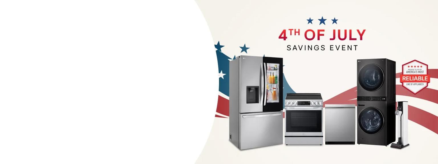 A group of LG home appliances in front of graphic of American Flag. “4th of July Savings Event” badge appears above. 