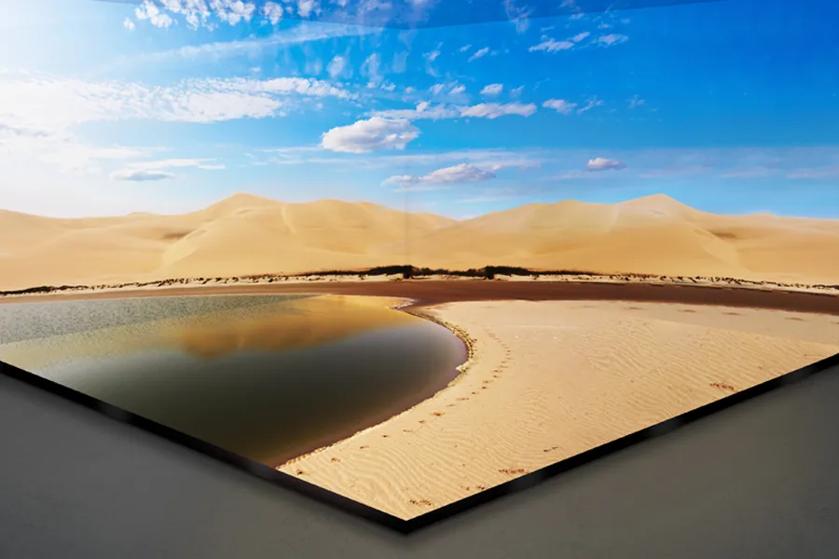 A close-up of LG Studio Series for wall and floor. The wall shows a desert scene with blue sky and sandy hills, while the floor panels feature a sandy ground and a pool of water. 