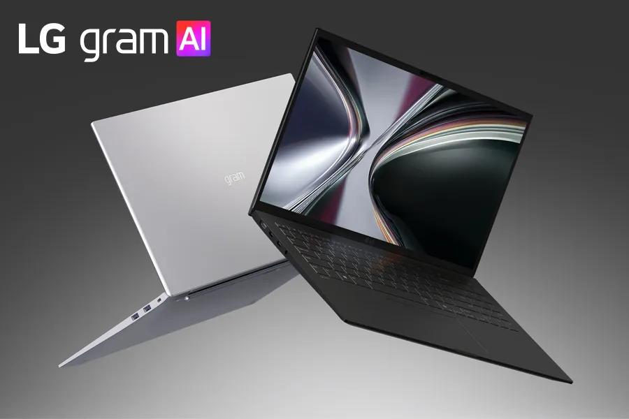LG Gram 15Z90U-H.AS57U1 laptop in silver and black models with vibrant display showing abstract design and LG gram AI logo
