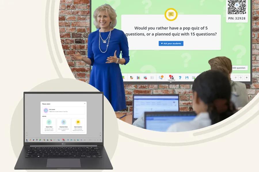 teacher using CreateBoard Prep in classroom with a laptop showing software on the screen
