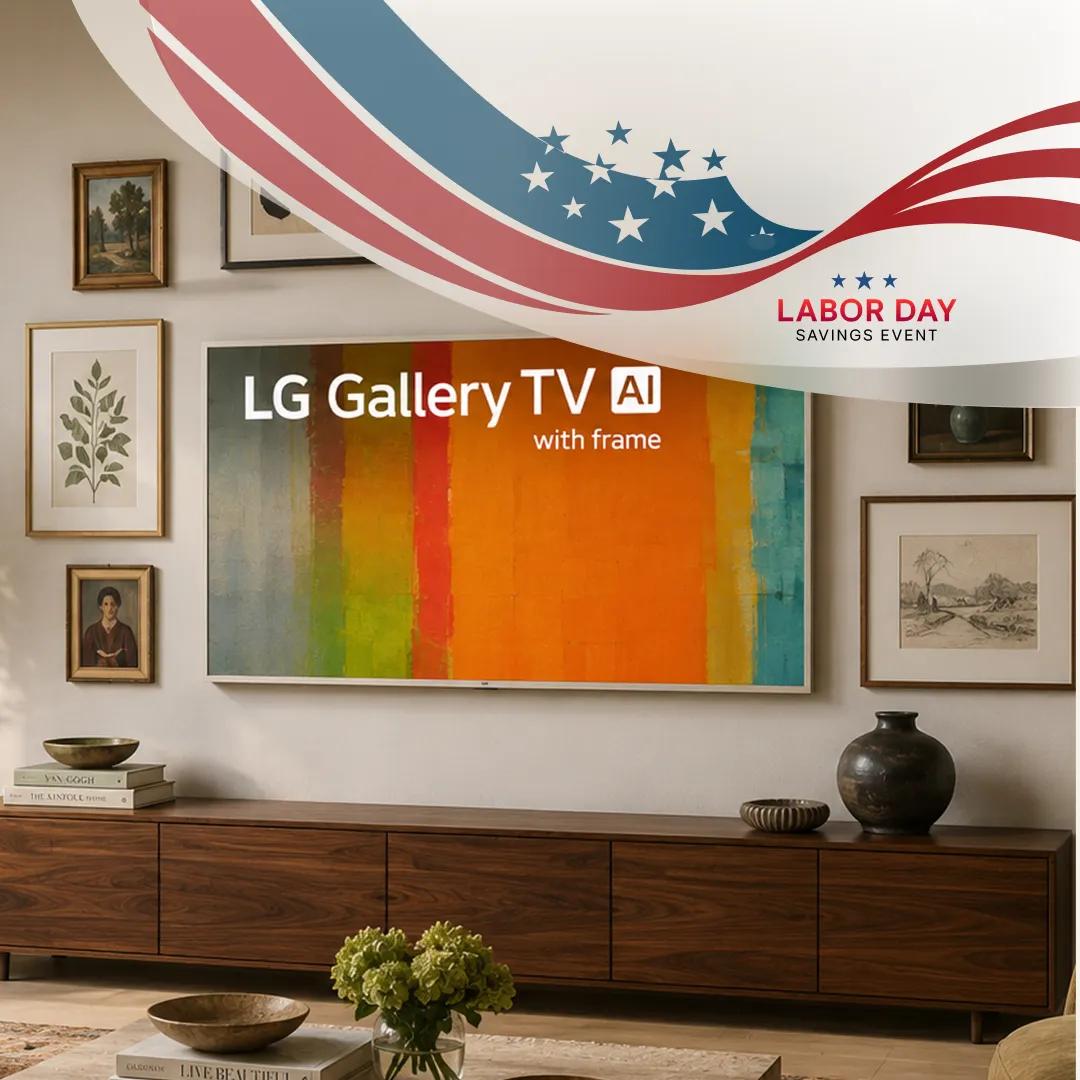 LG Gallery TV AI with frame mounted in a living room displaying colorful artwork, with Labor Day Savings Event badge featuring red, white, and blue stars and stripes graphic.
