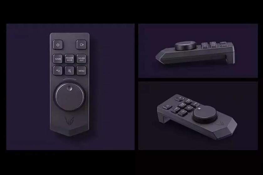 Black remote control with buttons and a circular knob, shown from multiple angles.