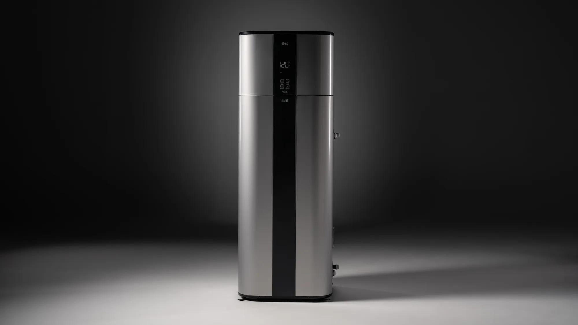 LG water heater with a silver finish and a black front panel showing 120 degrees, on a dark studio background.