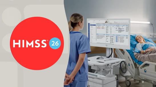 Doctor with LG cloud client near a patient's bed. The HIMSS 2026 logo is next to the image.