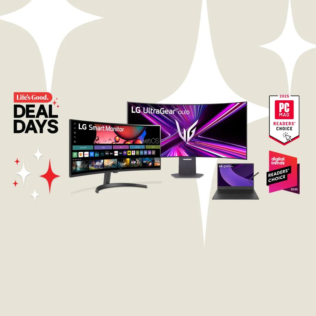 “Life’s Good Deal Days” title badge. A group of LG monitors and laptops appear on a white background.