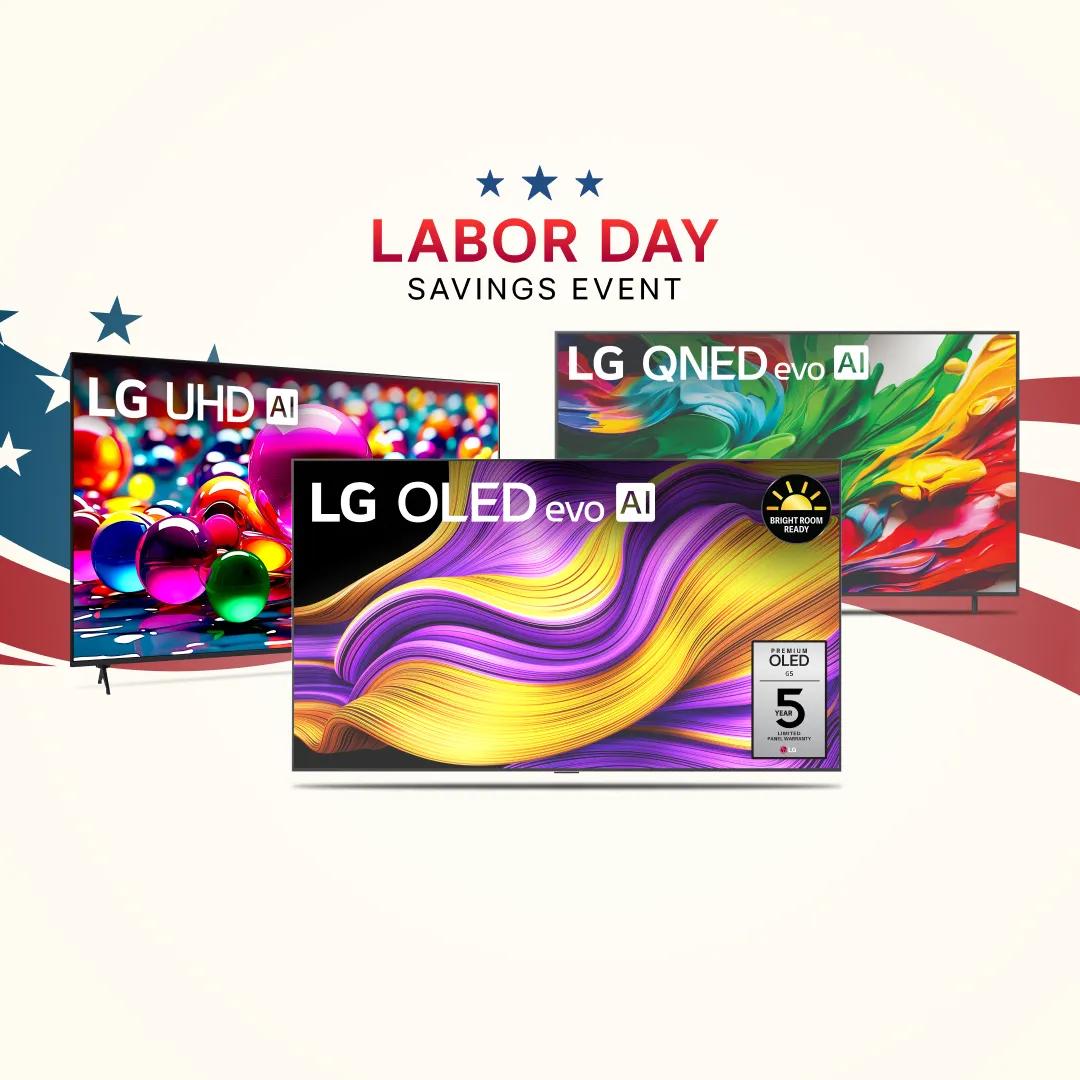 ”Labor Day Savings Event” title badge. A group of LG TVs on a stars and stripes background.