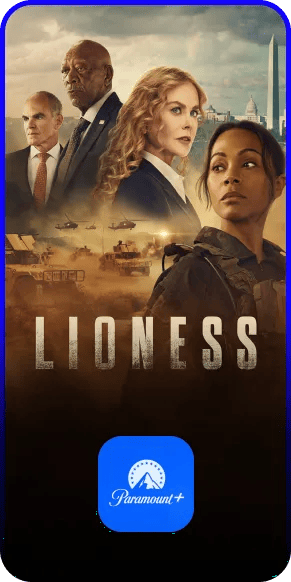 Lioness show poster on LG TV screen with Paramount+ app icon below.