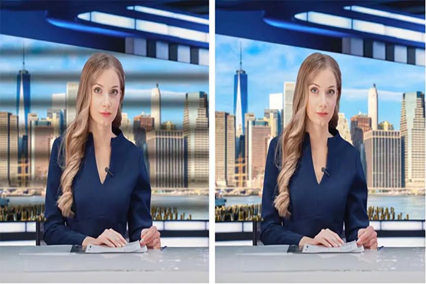 Side-by-side images of a news anchor with a distorted background on the left and a clear cityscape on the right.