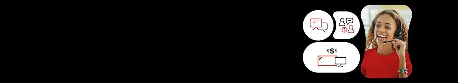 Four bubbles show: speech bubble icons, two user icons with a question mark and “...” speech bubbles, two screen icons with “$$$” above them and an image of a woman with a headset on.