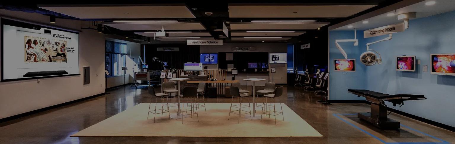 Wide shot of the LG LA Business Innovation Center, showcasing the various medical zones and LG technologies within them.