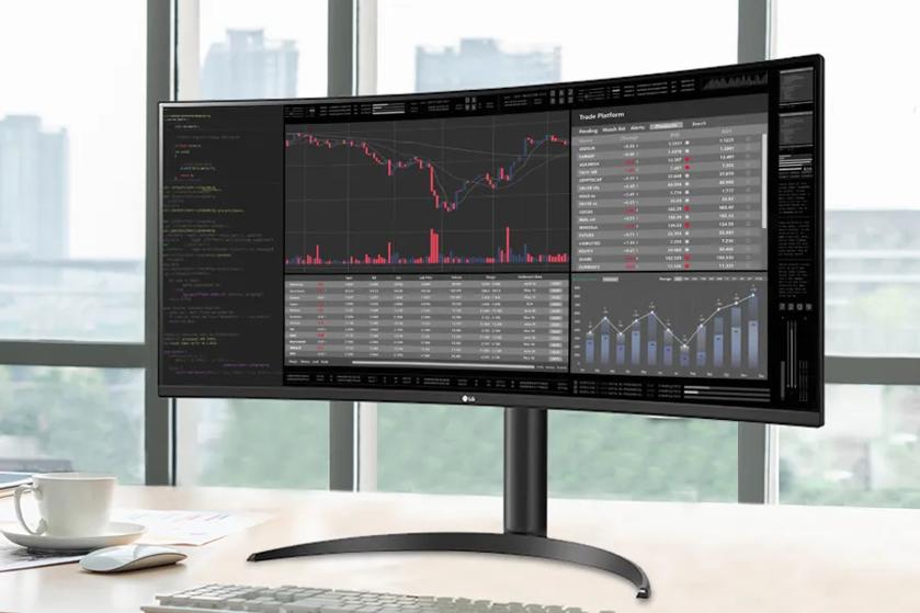 LG UltraWide Monitor displaying financial data dashboards and charts on a curved wide screen, highlighting a smooth workflow with a 100Hz refresh rate in a modern office environment.
