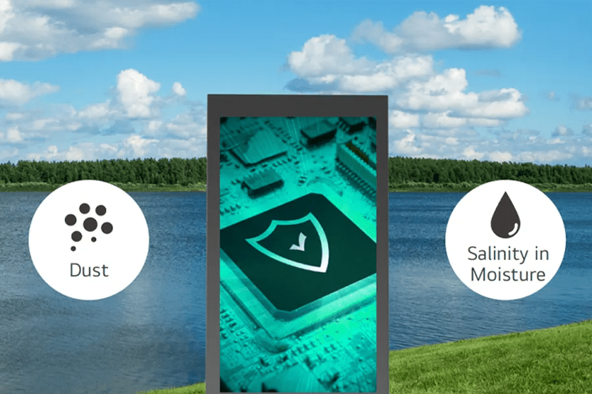 A lake with trees in the background and a screen displaying a digital circuit board with dust and salinity icons.