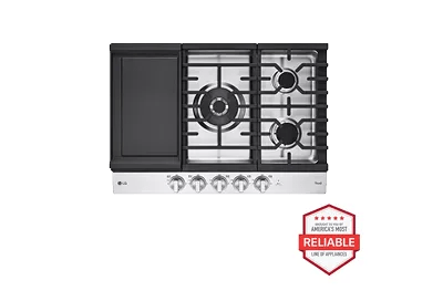 A top-down image of an LG CBGJ3027S gas cooktop next to a red 'Brought to you by American's Most Reliable Line of Appliances' badge and a blue 'ENERGY STAR® certified' badge.