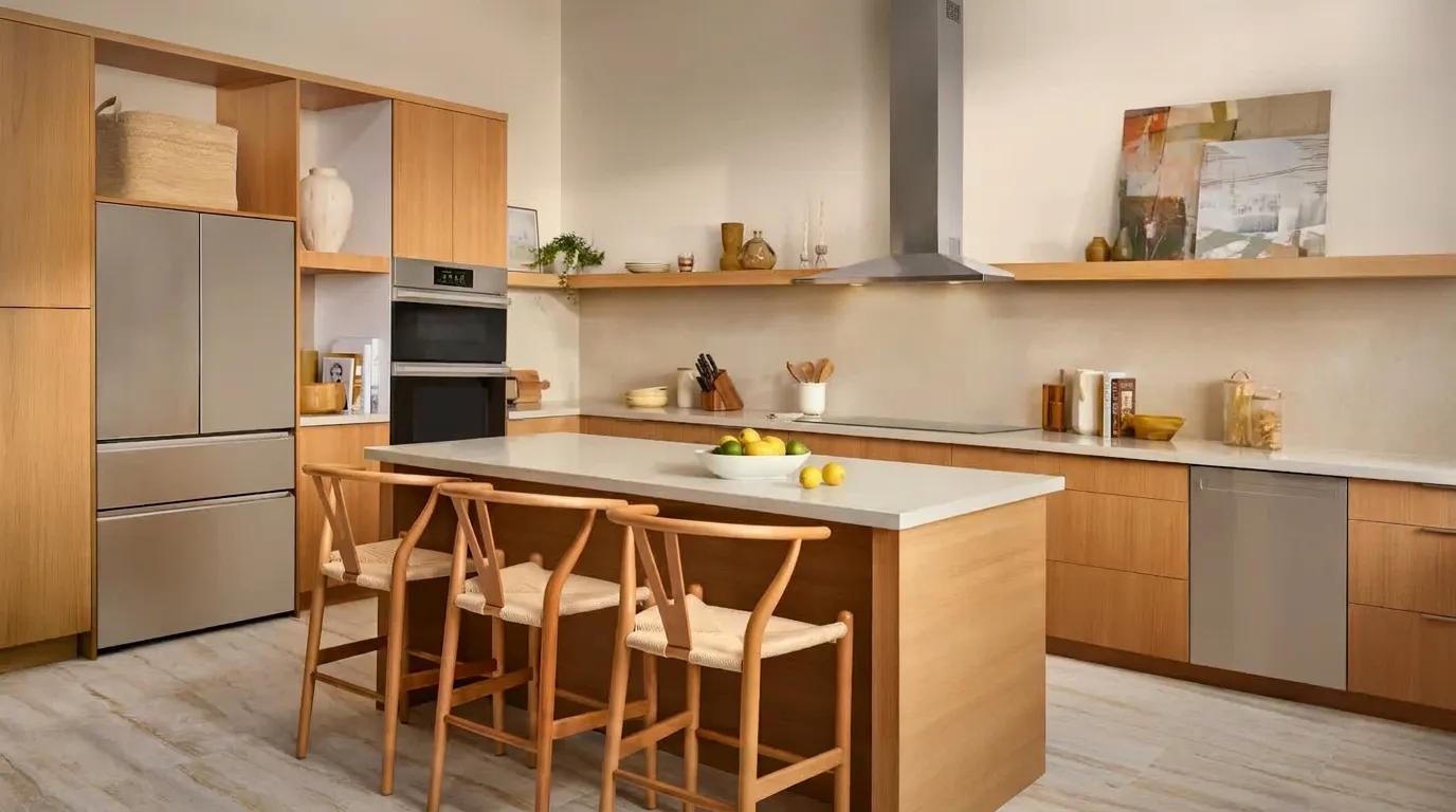 LG SIGNATURE refrigerator, wall oven, and dishwasher integrated into a warm wood kitchen with a center island and range hood